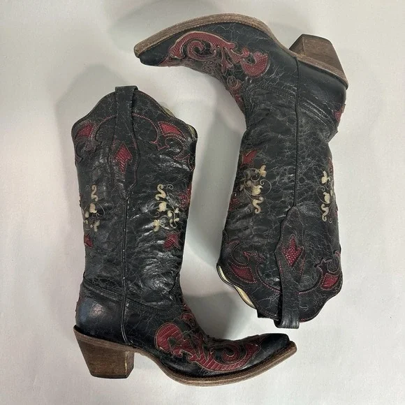 Corral Vintage Black Leather Lizard Inlay Cowboy C2115 Boots Womens Size 7.5 - Picture 2 of 16